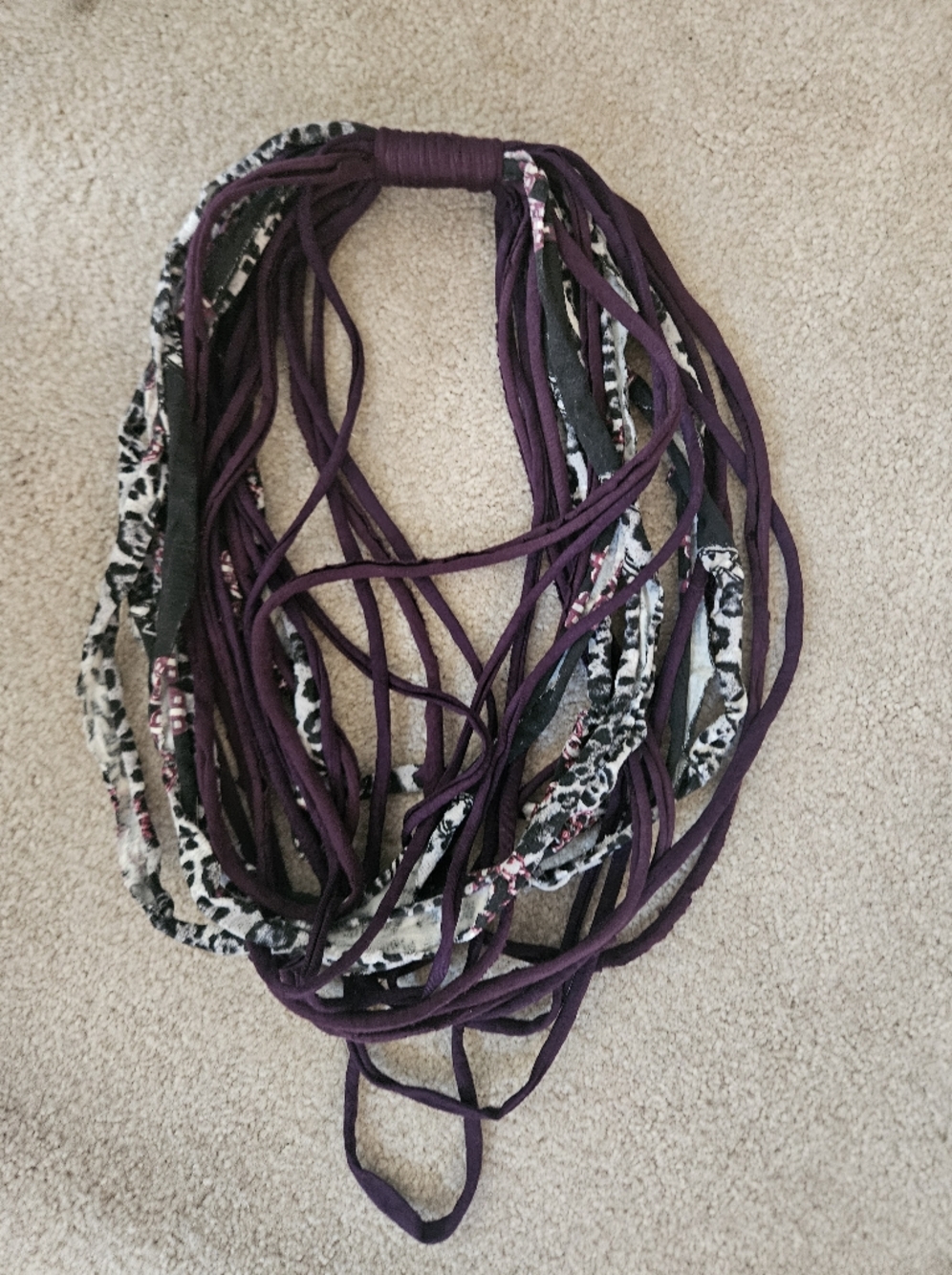 Purple and Black Patterned Multi-Strand Fabric Scarf Necklace